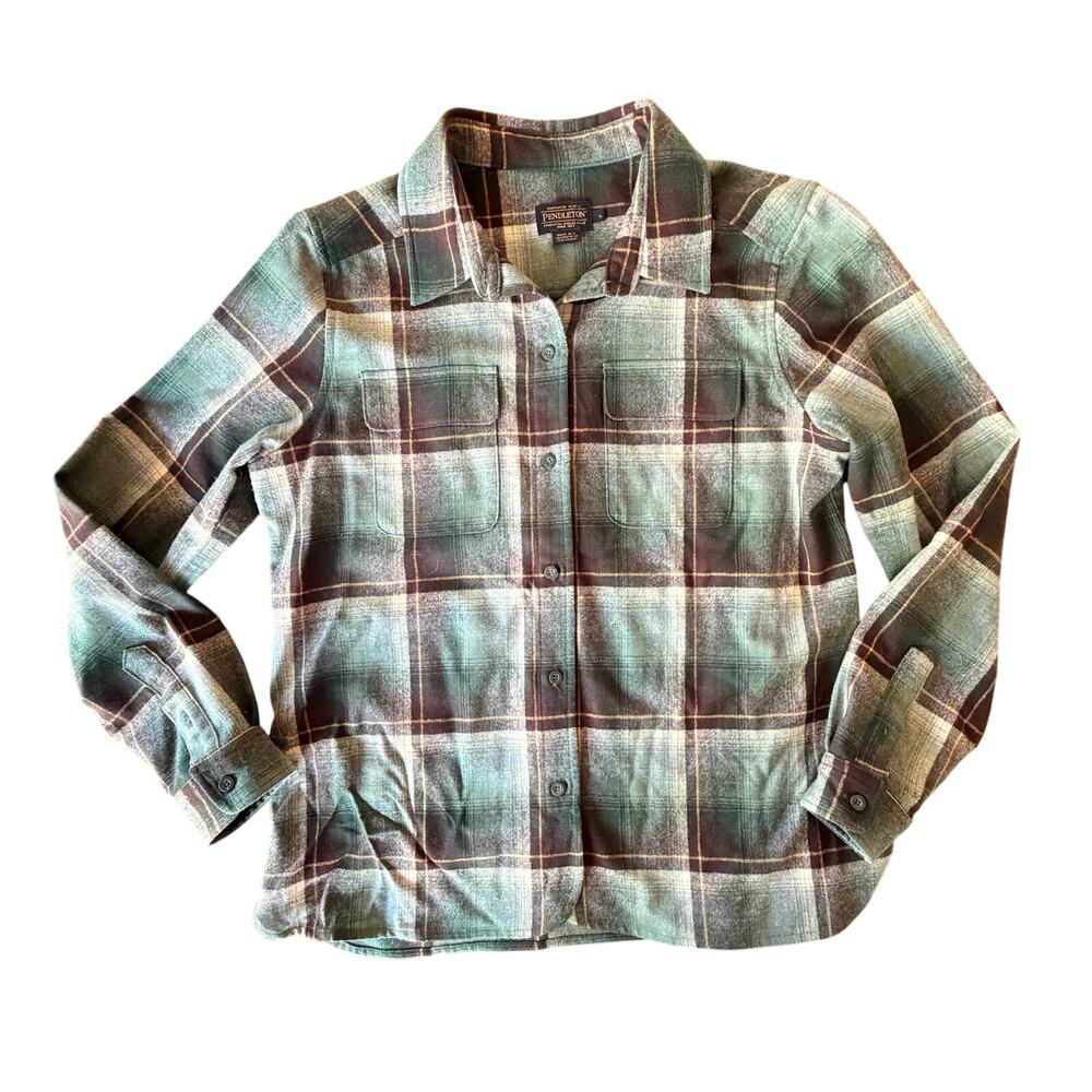 Pendleton Women’s Button Long Sleeve Shirt Shadow Plaid Flannel Large 100% wool
